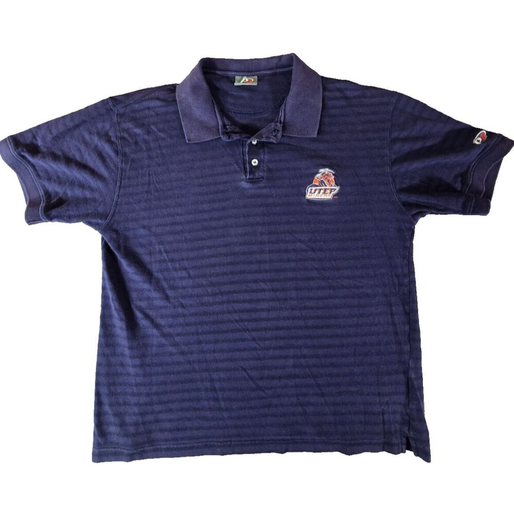 90s Vintage UTEP Miners Large Polo Shirt  Navy Striped Cotton Blend